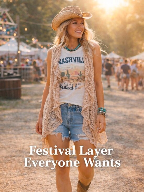 KEREN hart Jackets & Blazers - Boho Coastal Cowgirl Crochet Vest Festival Layering Beige L